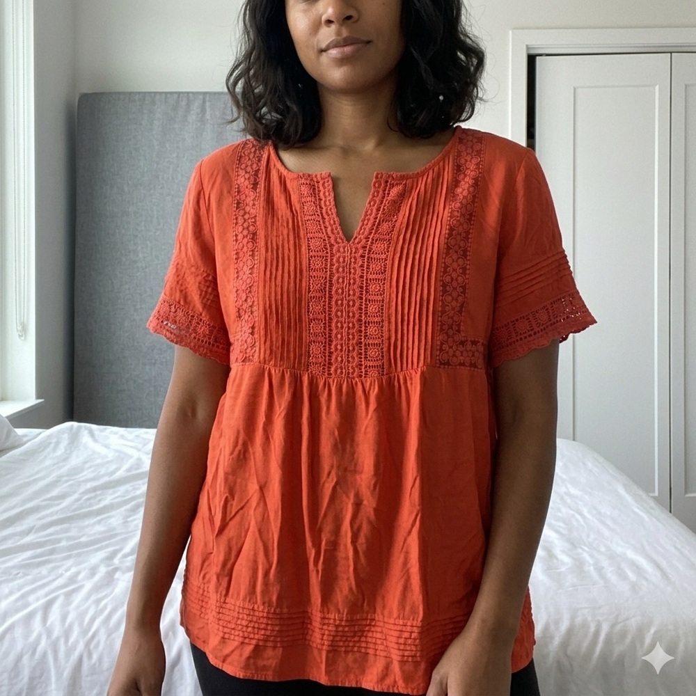 Intro. ❤️ Boho Lace Crochet Pintuck Rayon Blouse Size Large‎ Rust/ Burnt Orange